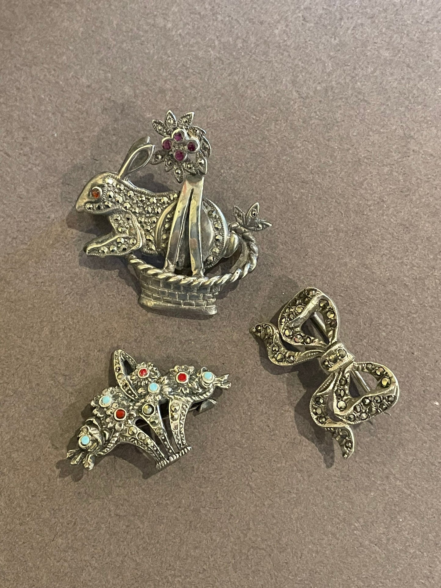 Lot of 3 brooches, antique, silver, marcasite, enamel. Great gift for Easter