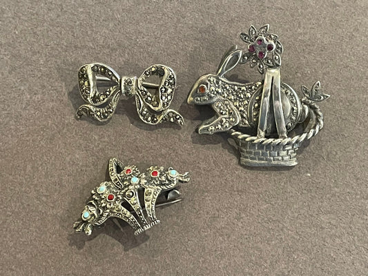 Lot of 3 brooches, antique, silver, marcasite, enamel. Great gift for Easter