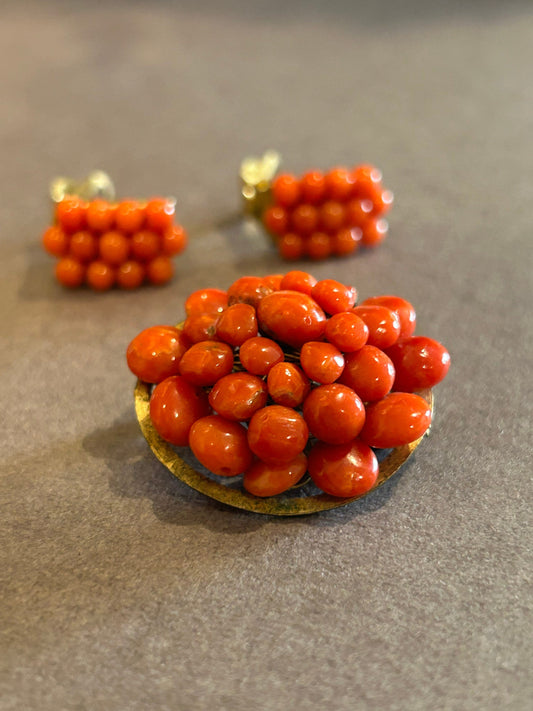 Antique coral set, brooch and clip on earrings