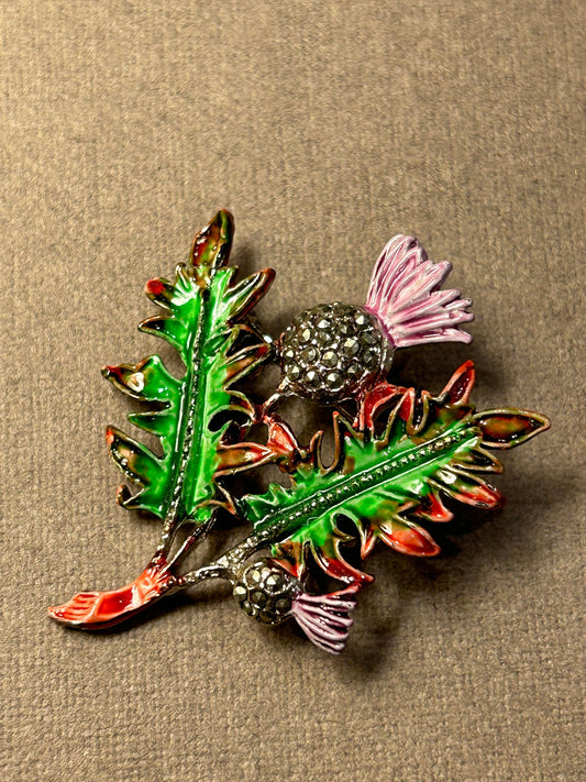 Brooch "Thistle" enamel marcasite vintage 1950-1960