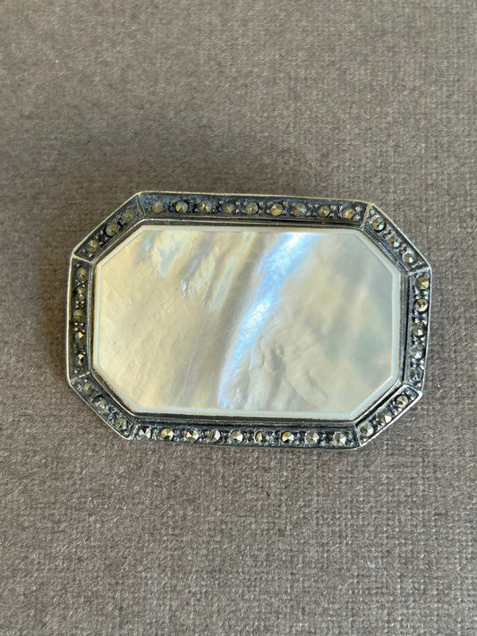 Brooch made of mother of pearl and 925 silver with marcasites