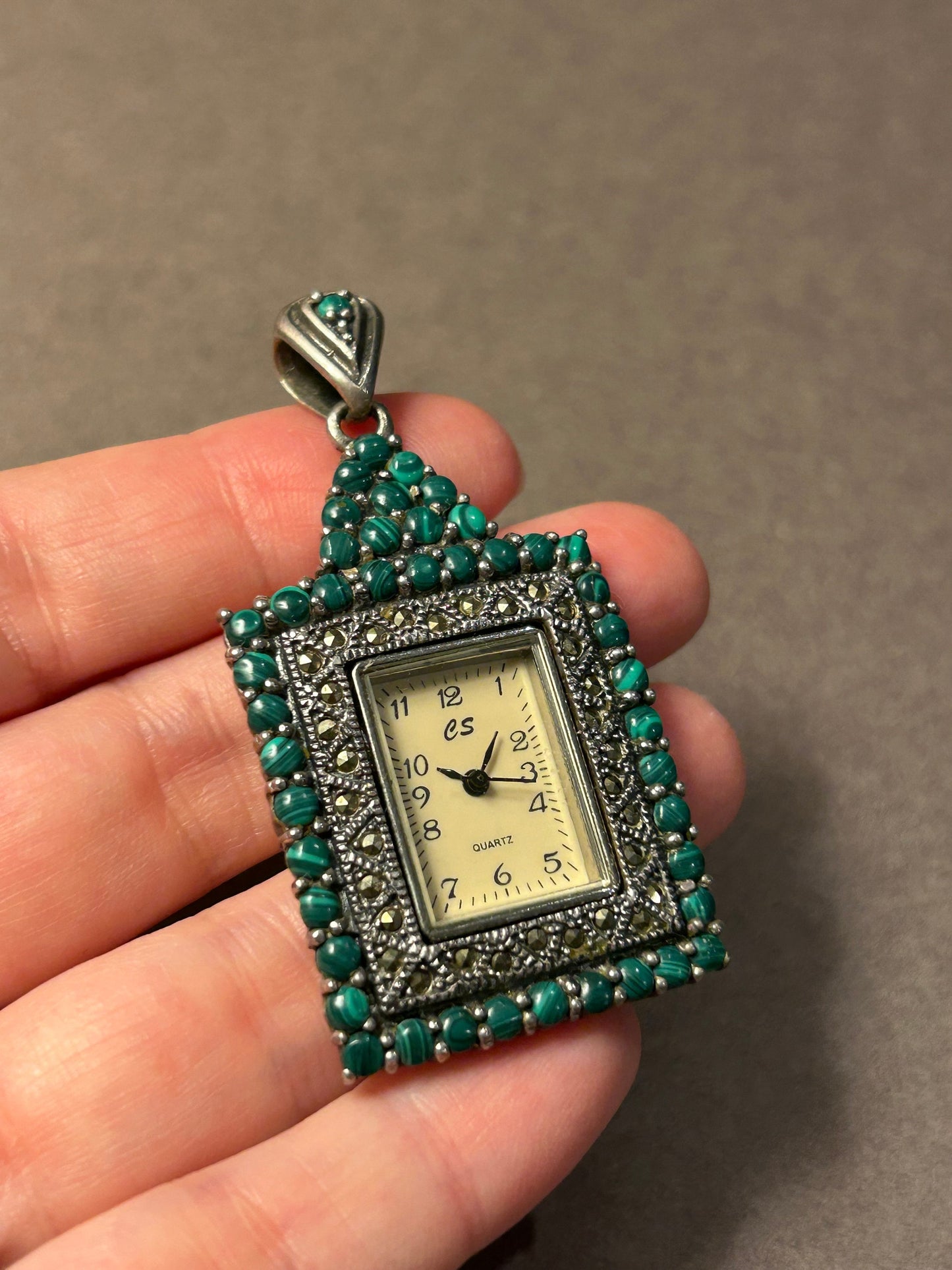 Pendant - Watch silver malachite marcasite