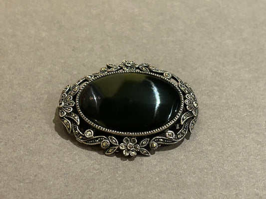 Sterling silver 925 black onyx and marcasites brooch