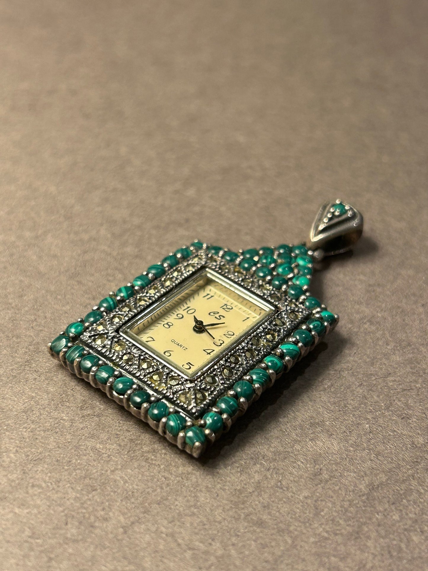 Pendant - Watch silver malachite marcasite