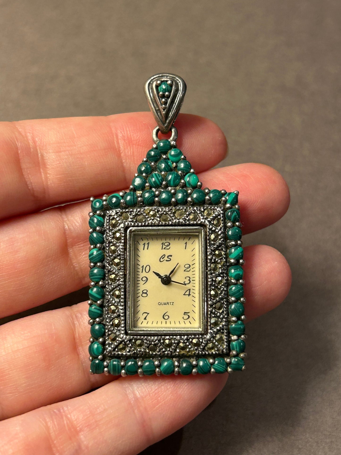 Pendant - Watch silver malachite marcasite