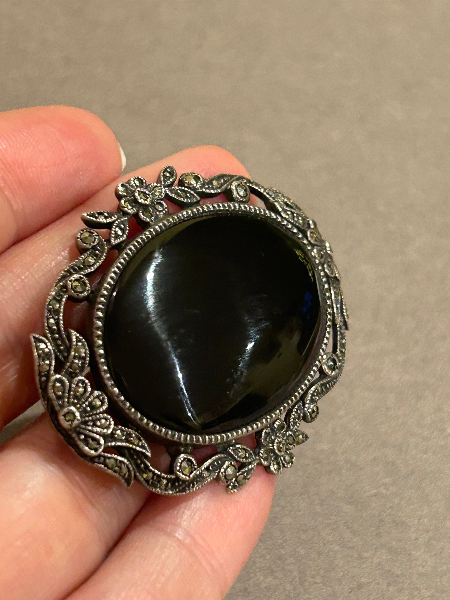 Sterling silver 925 black onyx and marcasites brooch