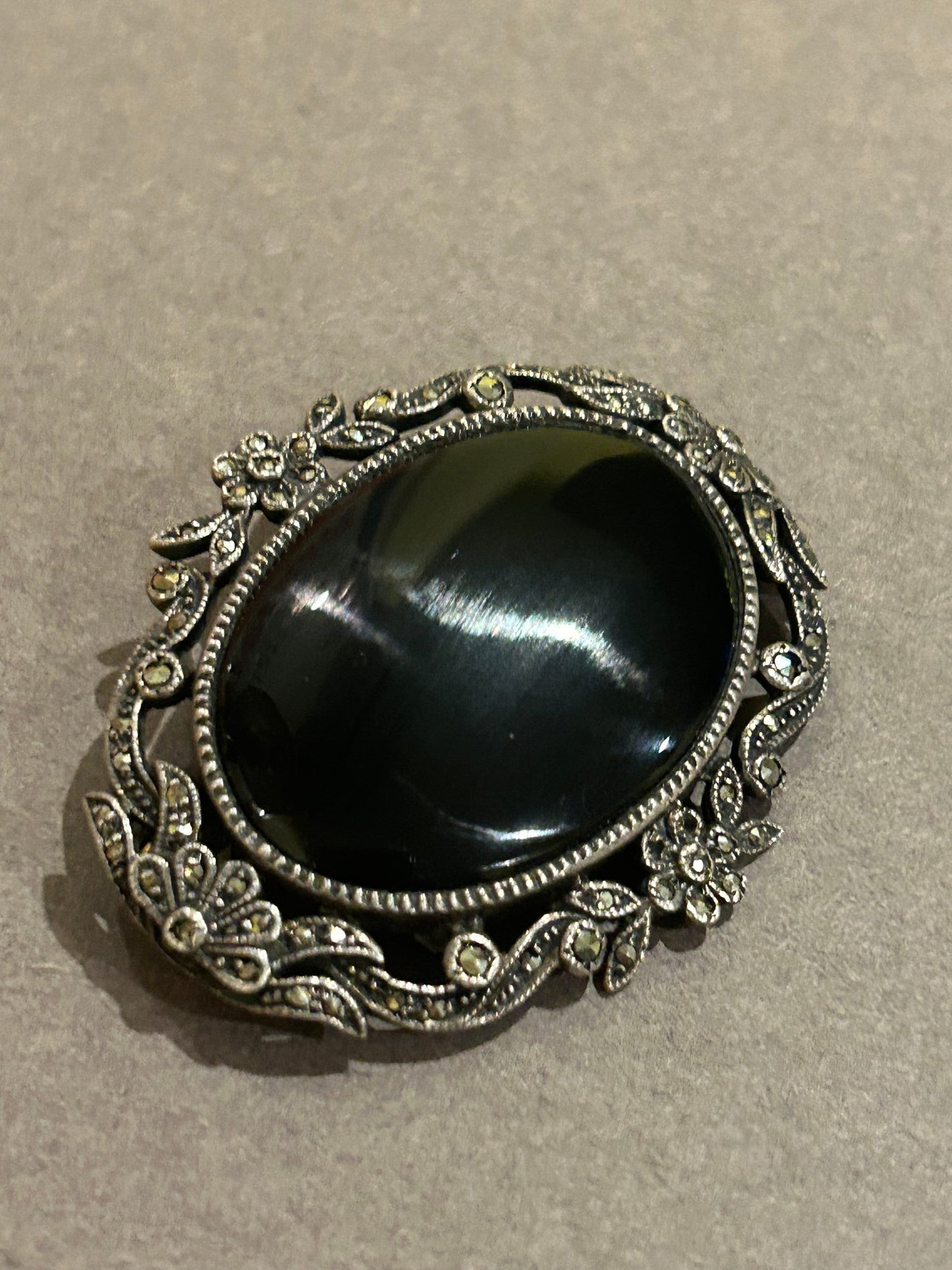 Sterling silver 925 black onyx and marcasites brooch