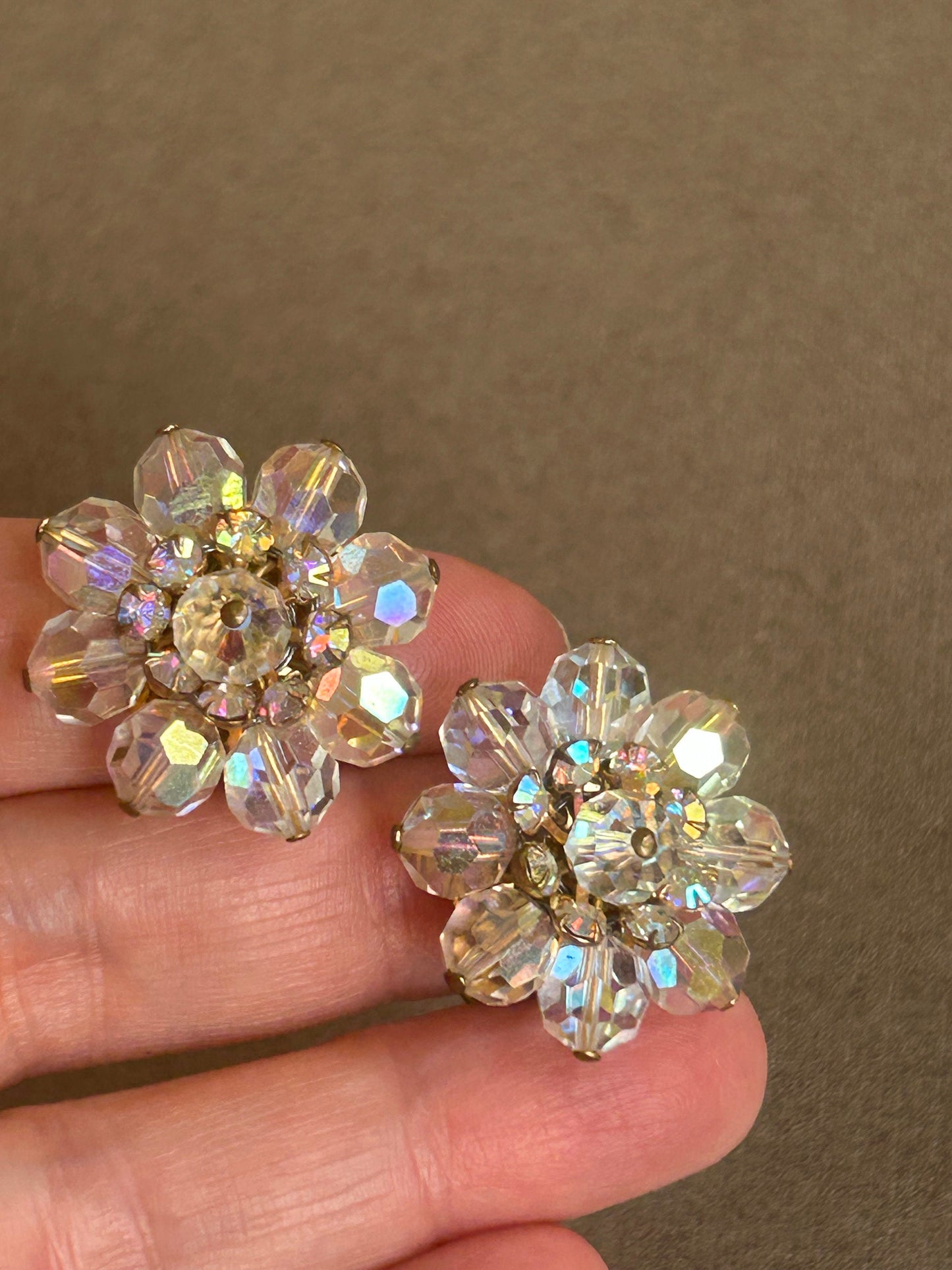 Clip on earrings Aurora Borealis glass vintage