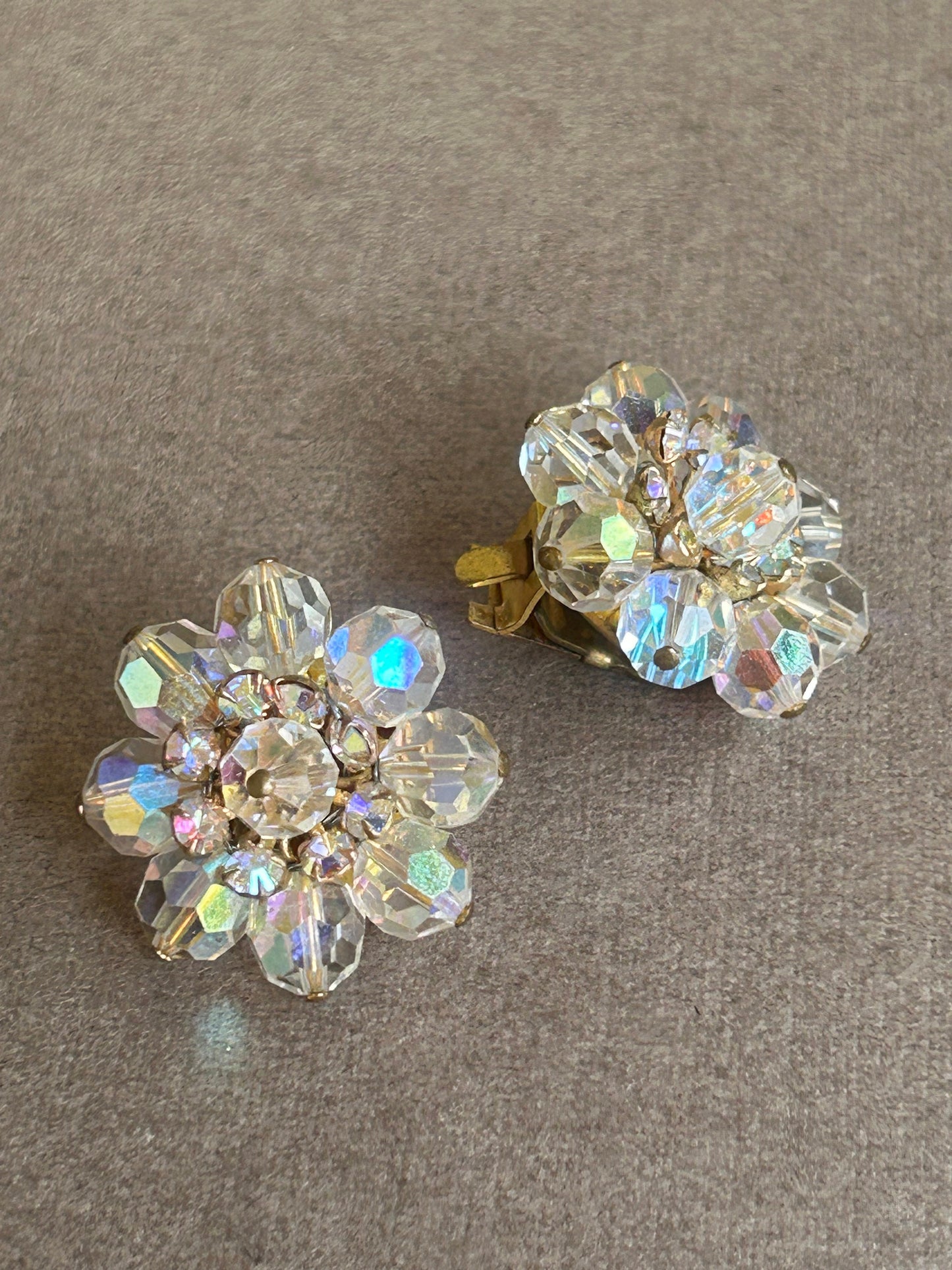 Clip on earrings Aurora Borealis glass vintage