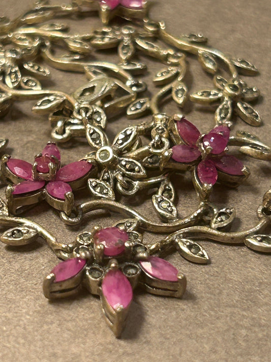 Silver necklace with marcasites and rubies vintage